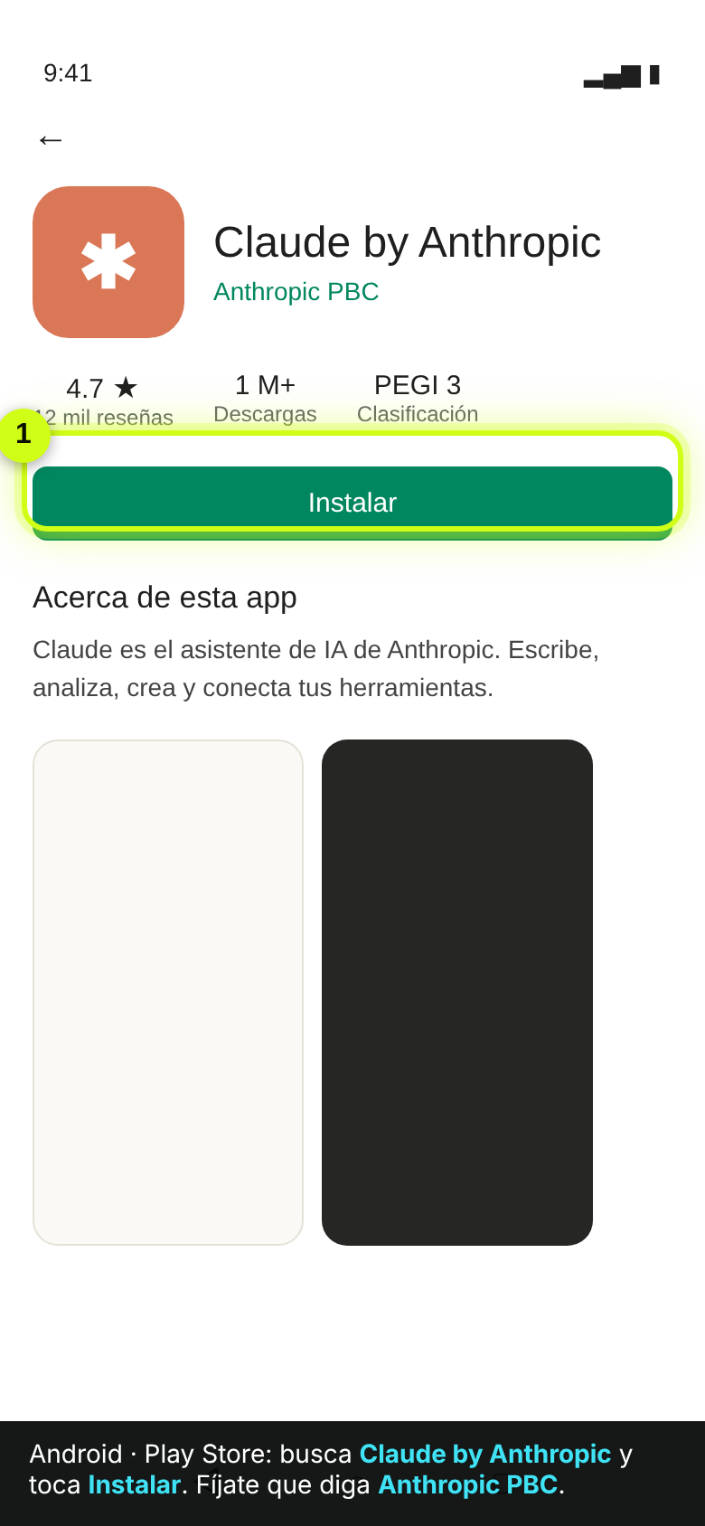 Google Play con la app Claude by Anthropic y el botón Instalar resaltado