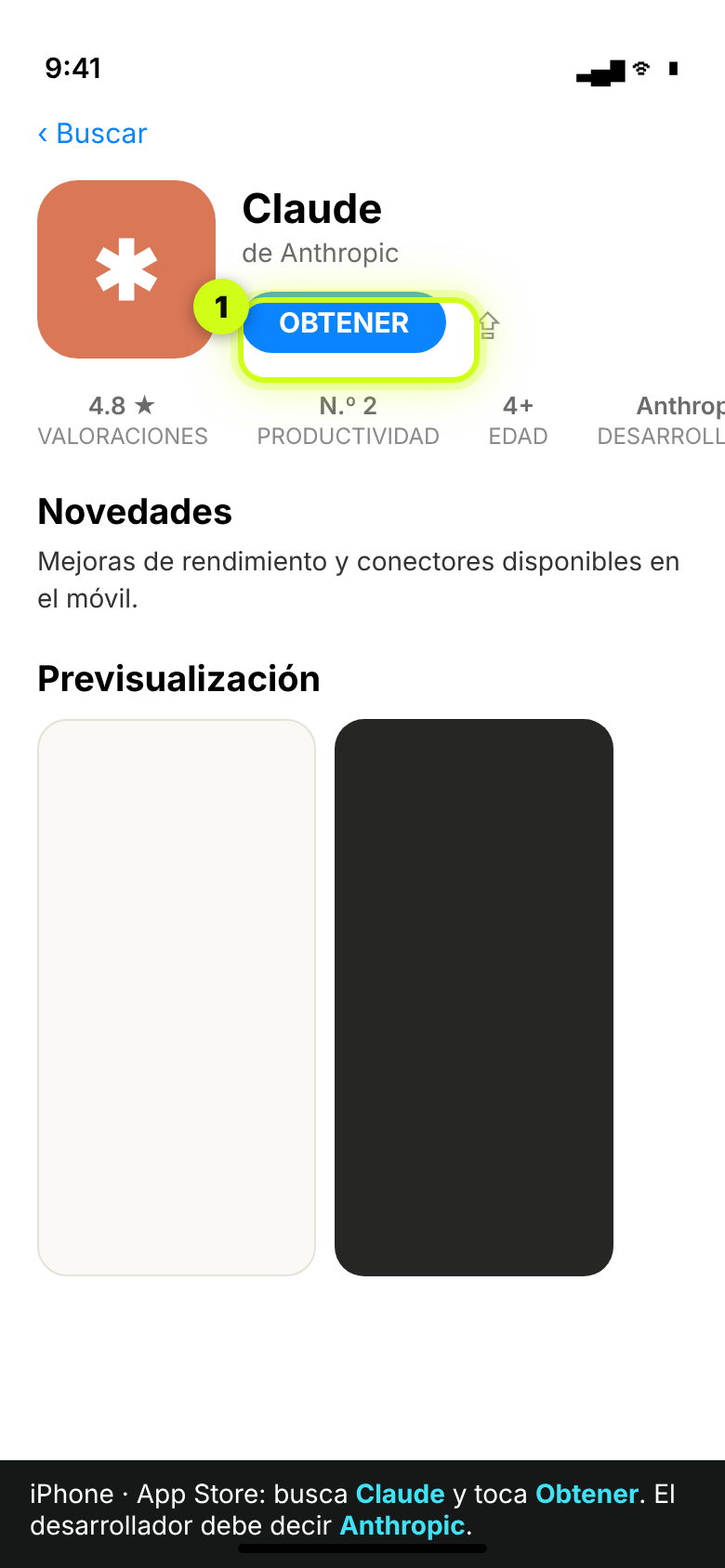 App Store con la app Claude de Anthropic y el botón Obtener resaltado