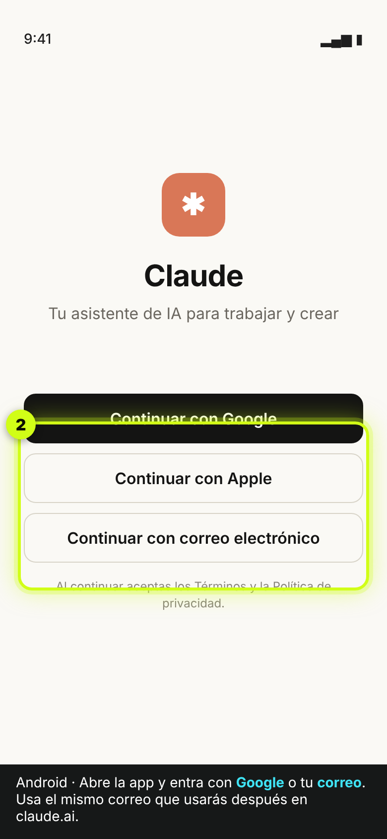 Pantalla de bienvenida de Claude en Android con las opciones para iniciar sesión