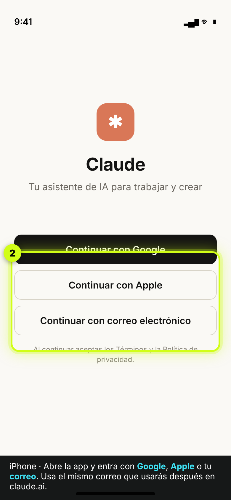 Pantalla de bienvenida de Claude en iPhone con las opciones para iniciar sesión