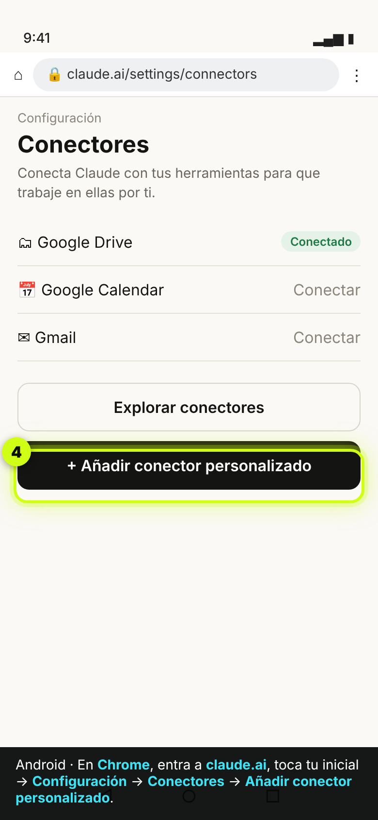 claude.ai en Chrome mostrando la sección Conectores y el botón Añadir conector personalizado
