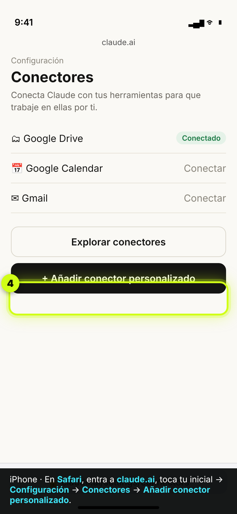 claude.ai en Safari mostrando la sección Conectores y el botón Añadir conector personalizado