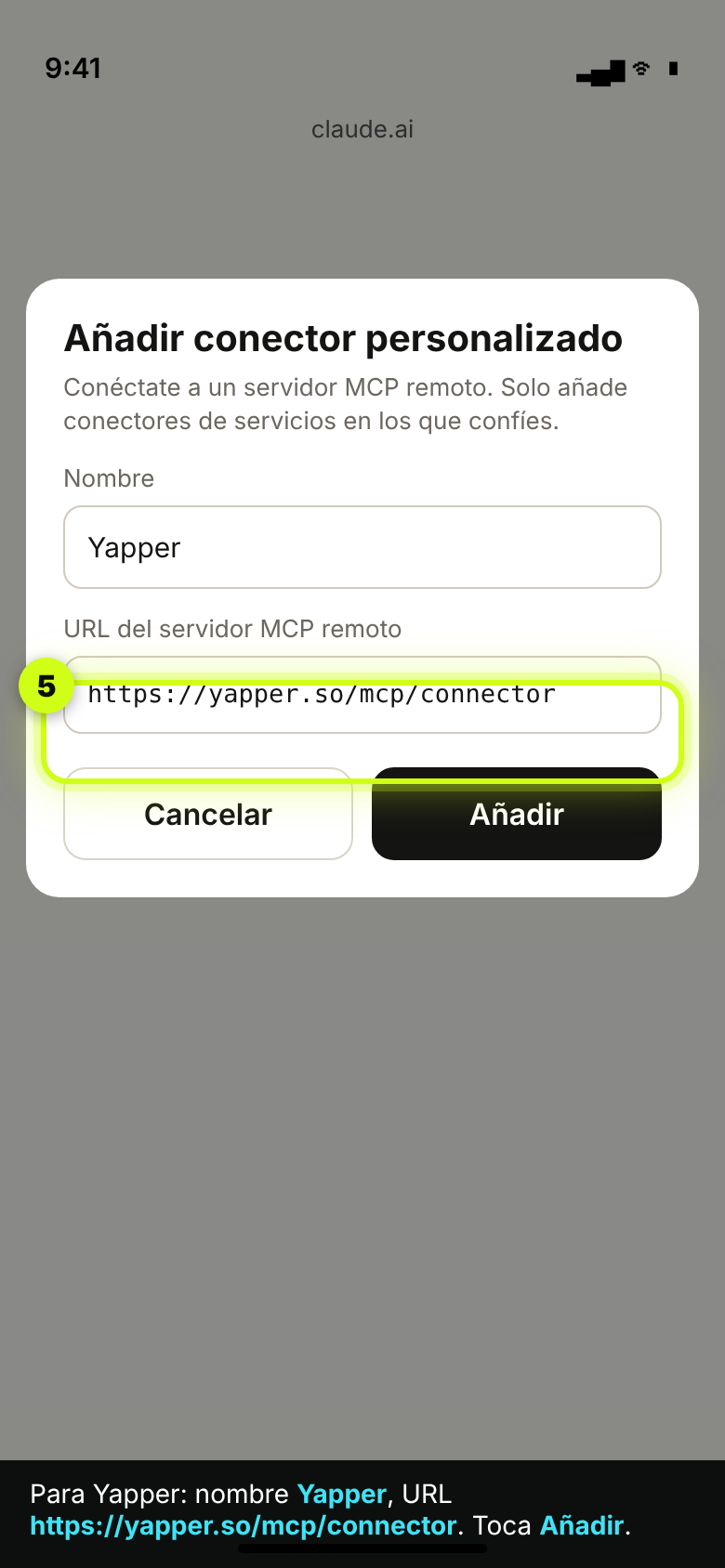 Cuadro Añadir conector personalizado con el nombre Yapper y su dirección