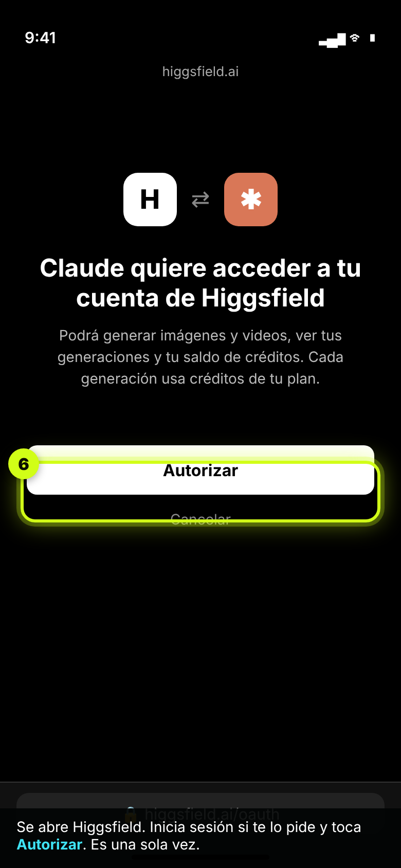 Pantalla de Higgsfield pidiendo autorizar el acceso de Claude, con el botón Autorizar resaltado