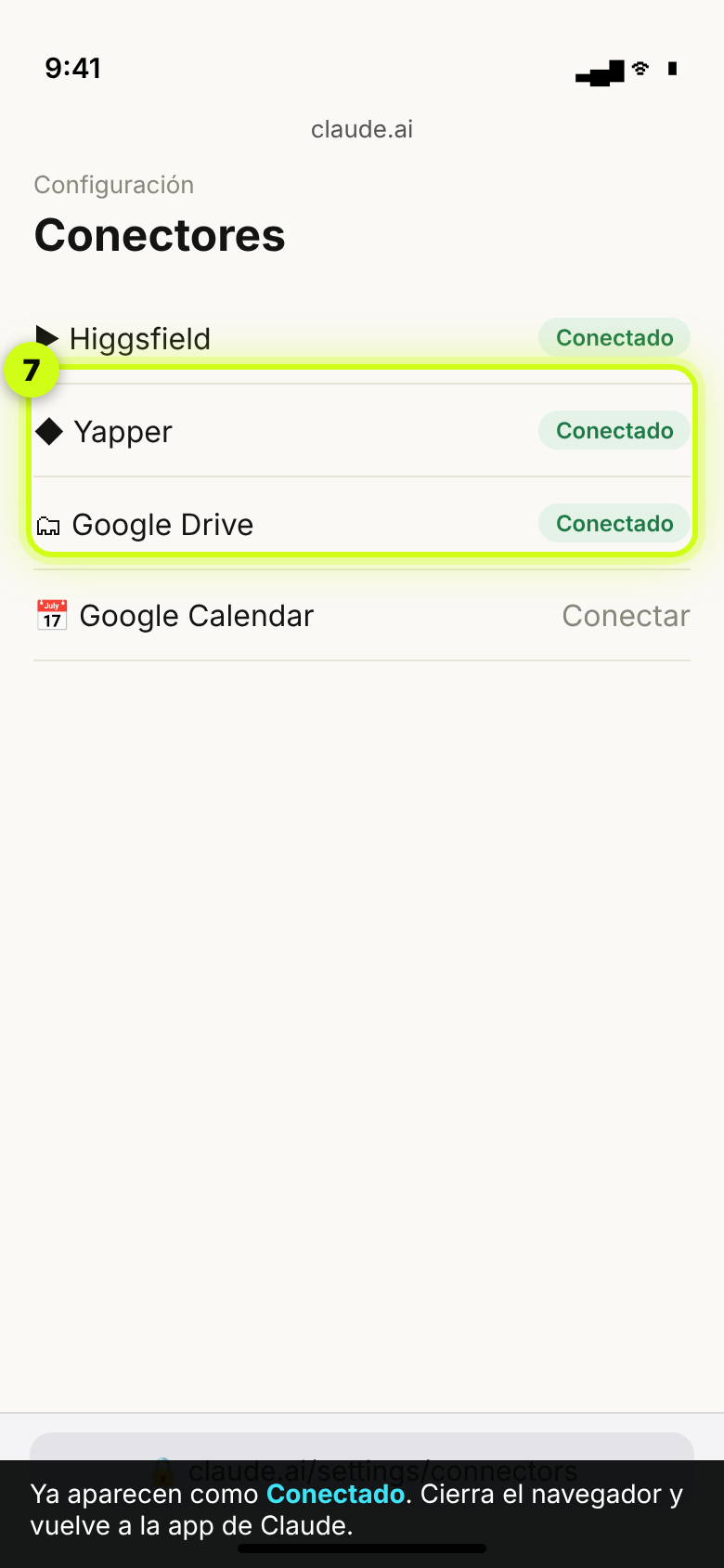 Lista de conectores de claude.ai con Higgsfield y Yapper marcados como Conectado